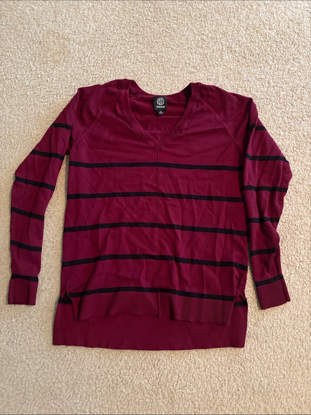 bobeau Maroon V-Neck Sweater with Black Stripes